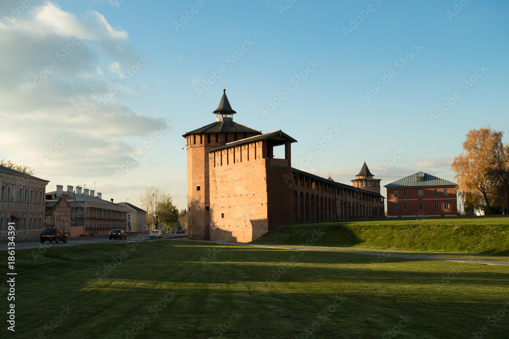 Kolomna Red Brick Kremlin Of Faceted Tower At Sunset Autumn In Kolomna, Moscow Region.
