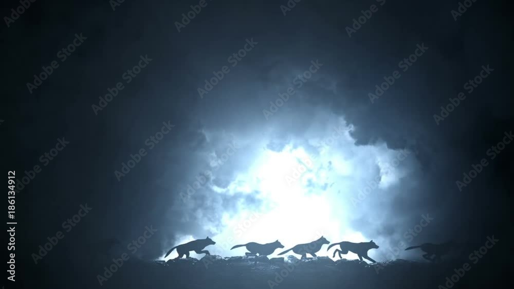 Pack of Wolves Running Through an Epic Lightning Storm