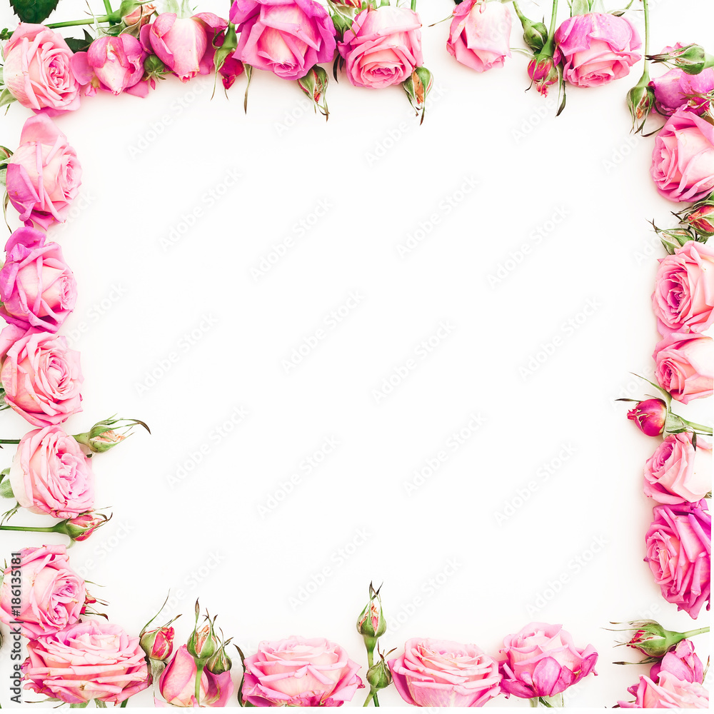 Flower border frame of pink roses on white background. Flat lay, Top view.