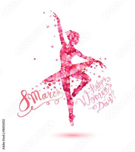8 march. Happy Women's Day! Dancing woman of rose petals