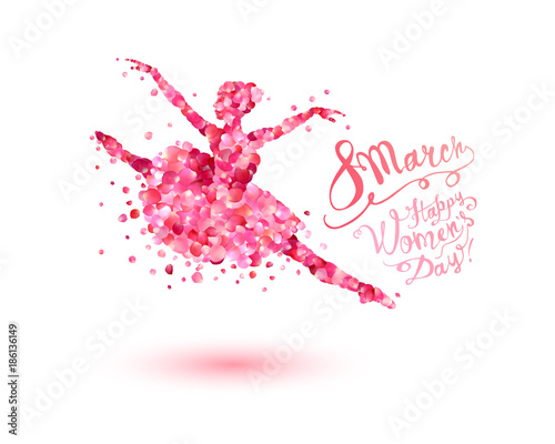 8 march. Happy Women's Day! Dancing woman of rose petals