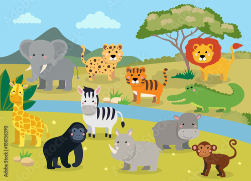 Wild animals with landscape - cute cartoon vector illustration of crocodile, rhinoceros, elephant, giraffe, leopard, tiger, zebra, monkey, lion, hippo, monkey