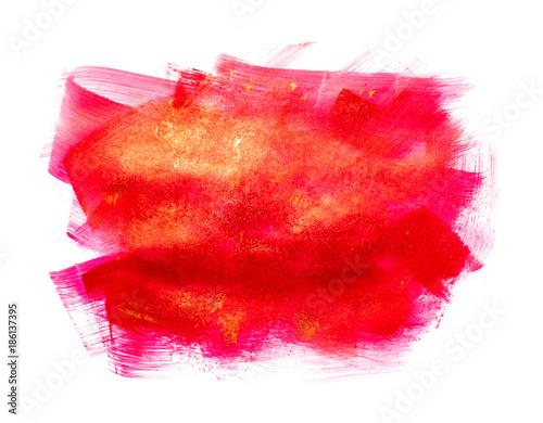 Creative abstract hand drawn acrylic painting on paper with brush strokes. Red splashing in the paper. It is wet texture background. Shape for text, creative wallpaper or design art work. Red&Gold.