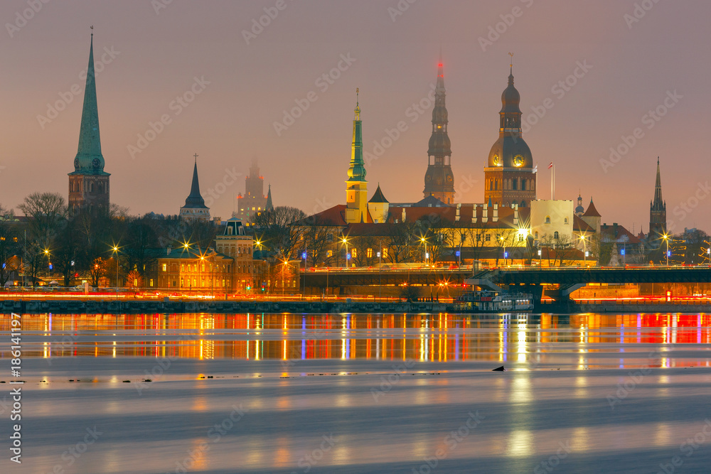 Riga. View the Church of St. Peter at night. Riga. View the Church of St. Peter at night.
