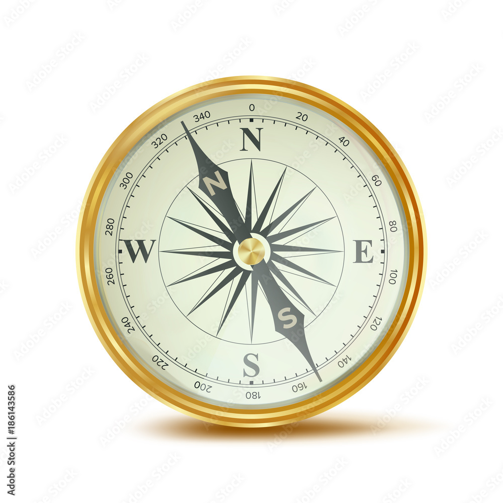 Compass Vector. Retro Style. Shiny Metal Case. Wind Rose. Isolated On White Background Illustration