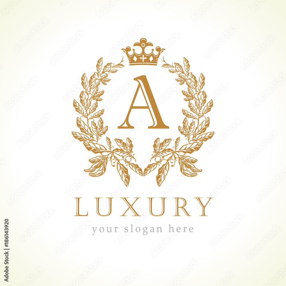 Luxury A letter and crown monogram logo. Laurel elegant beautiful round ...