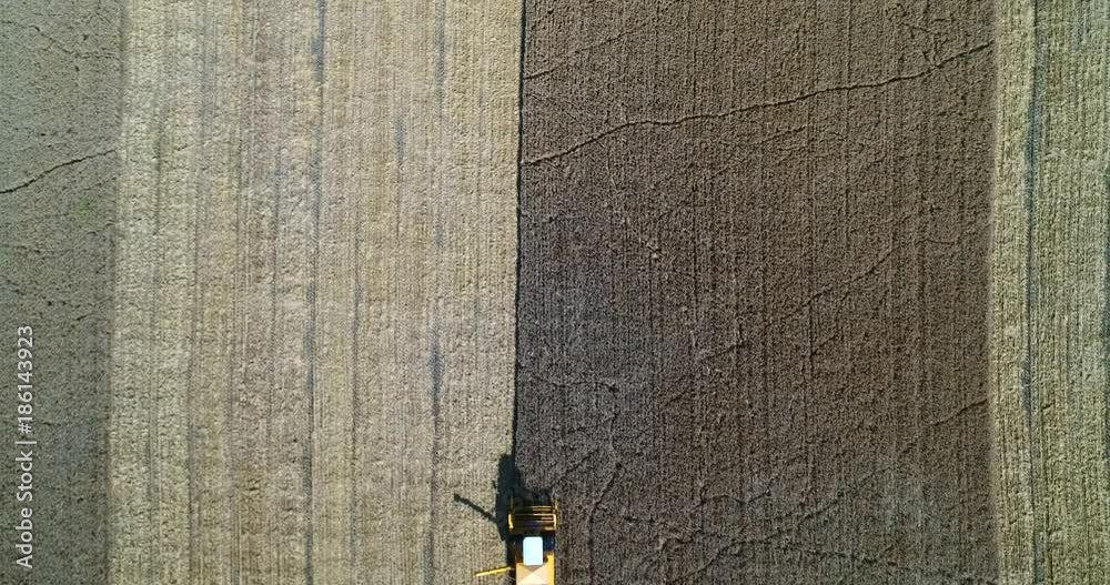 Combine harvester, Cinema 4k aerial rising view above a trenching machine, harvesting on a field, on a sunny autumn day, in Uusimaa, Finland Combine harvester, Cinema 4k aerial rising view above a trenching machine, harvesting on a field, on a sunny autumn day, in Uusimaa, Finland