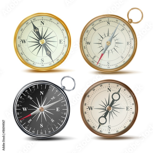 Compass Set Vector. Different Colored Compasses. Navigation Realistic Object Sign. Retro Style. Wind Rose. Isolated On White Illustration
