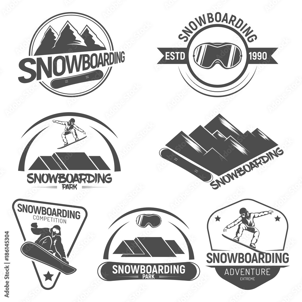 Collection of Snowboarding logos. emblems and symbols in retro style