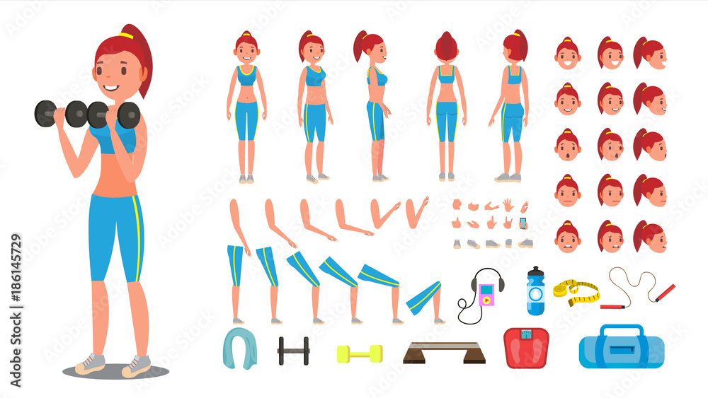 Fototapeta premium Fitness Girl Vector. Animated Sport Female Character Creation Set. Full Length, Front, Side, Back View, Accessories, Poses, Face Emotions, Gestures. Isolated Flat Cartoon Illustration