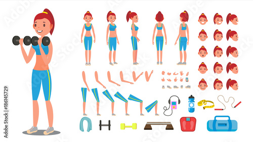Fitness Girl Vector. Animated Sport Female Character Creation Set. Full Length, Front, Side, Back View, Accessories, Poses, Face Emotions, Gestures. Isolated Flat Cartoon Illustration