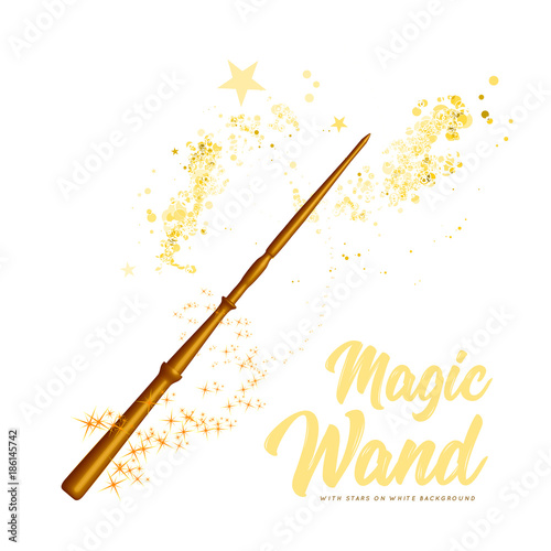 Magic wand with stars on white background