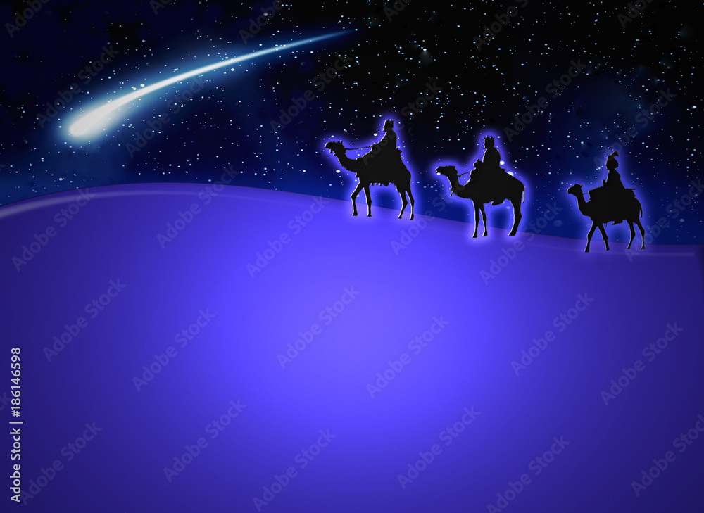Reyes Magos, estrella, fondo azul iluminado para escribir texto