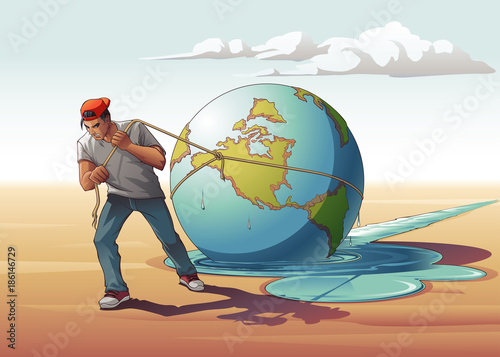 Conceptual Scene of Global Warming Showing Man Dragging Melting Earth