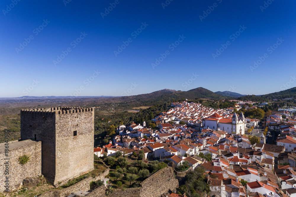 Aerial view of the Castelo de Vide castle and village in Alentejo, Portugal; Concept for travel in Portugal