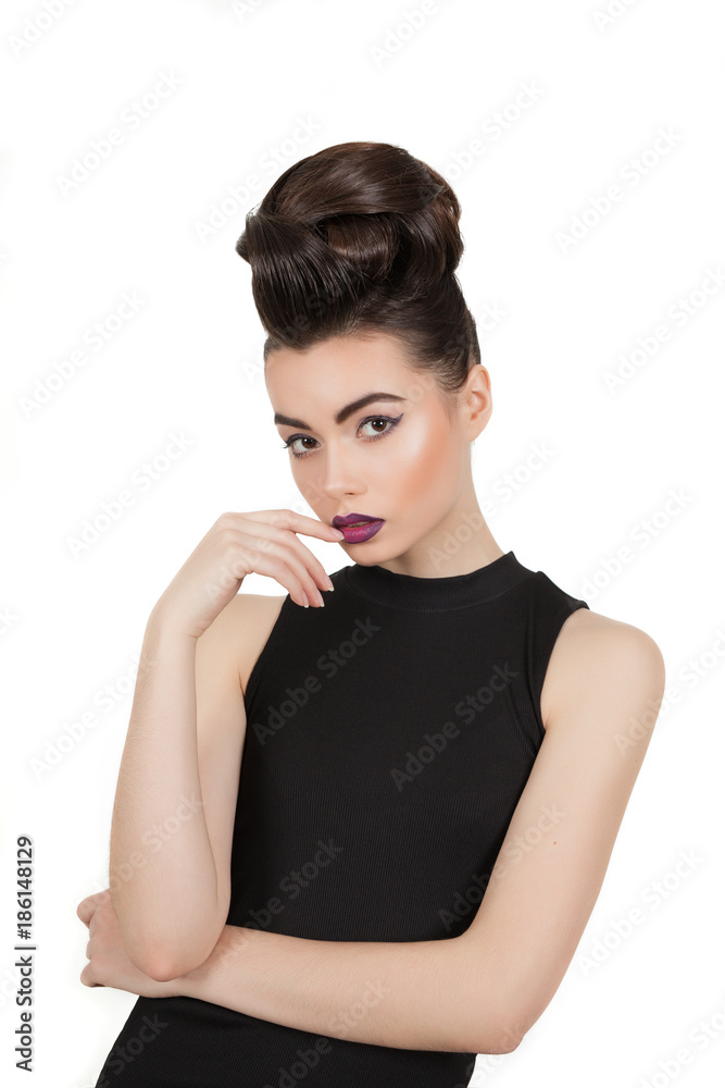 Young beautiful girl with makeup and haircut isolated on white background. Studio photography. Young beautiful girl with makeup and haircut isolated on white background. Studio photography.