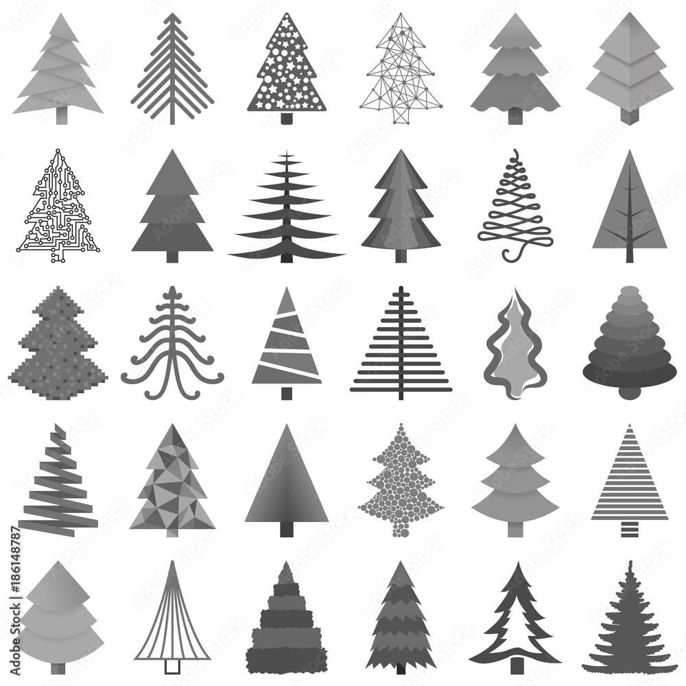 Set of black and white Christmas trees painted in different styles isolated on white background. Vector illustration.