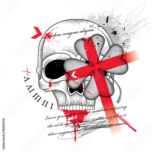 Vector drawing dotted skull, abstract cross and lucky four leaf clover in red and black isolated on white background. Sketch for tattoo flash in Trash Polka and dotwork. Creative Trash Polka design.