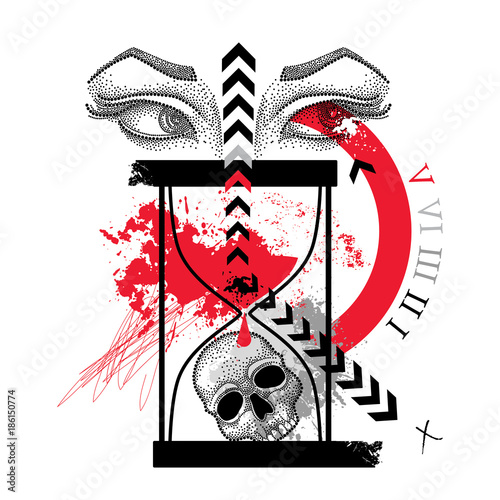 Vector drawing dotted skull, woman eyes, abstract arrow and hourglass in red and black isolated on white background. Sketch for tattoo flash in Trash Polka and dotwork. Creative Trash Polka design.