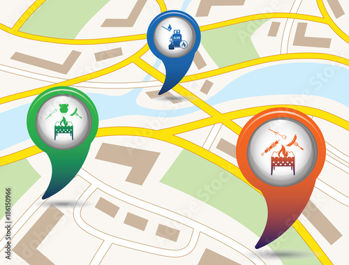 Set of tourism service map pointers on map