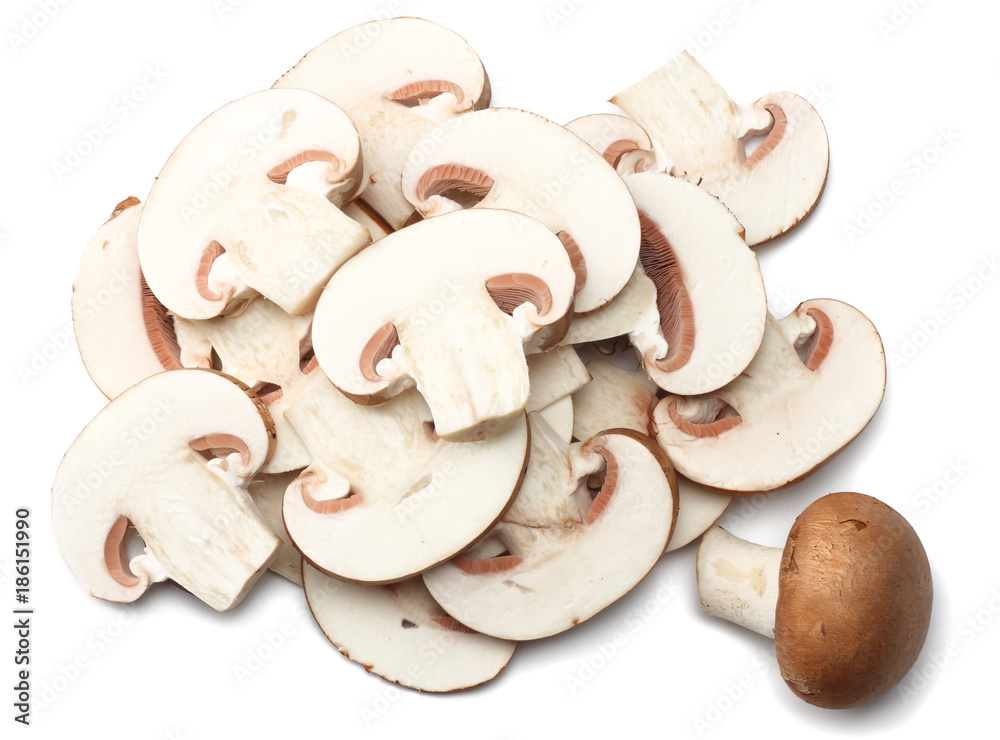 Fresh champignon mushrooms isolated on white background. top view Fresh champignon mushrooms isolated on white background. top view