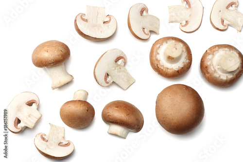 Fresh champignon mushrooms isolated on white background. top view