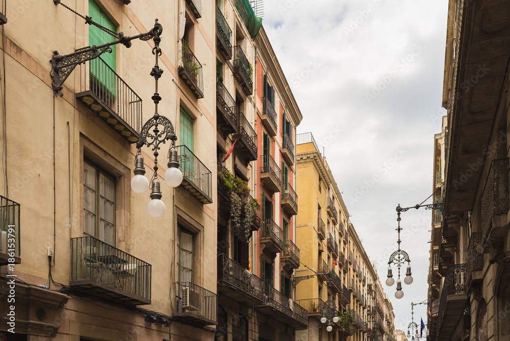 Street lamps on Ferran street in Gothic quarter in Barcelona, Spain