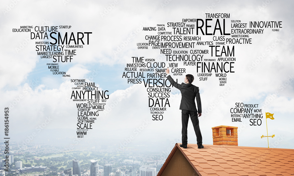 Businessman on brick roof draw world map as concept of globalization. Mixed media Businessman on brick roof draw world map as concept of globalization. Mixed media