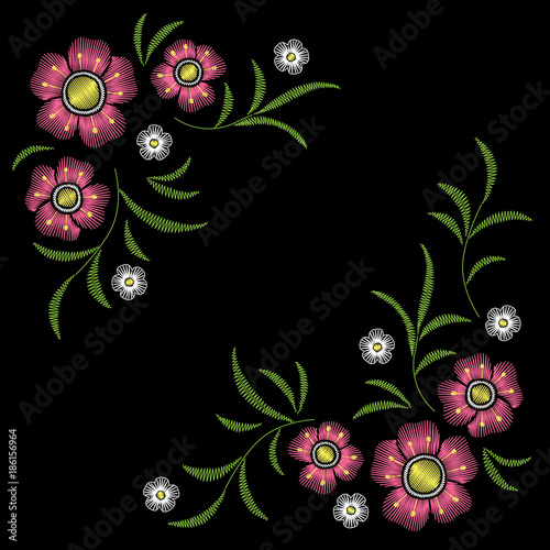 Embroidery corner floral pattern with pink flowers