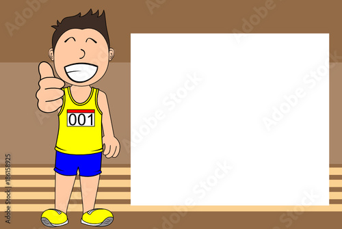 sporty kid runner cartoon expression picture frame background in vector format