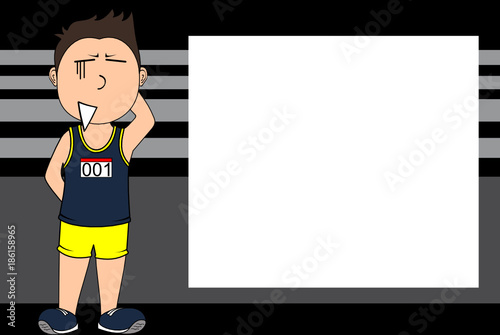 Shy sporty kid runner cartoon expression picture frame background in vector format