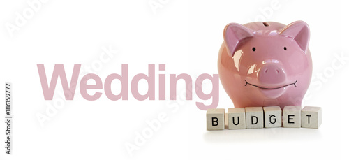 A pink piggybank standing behind cubes worded budget isolated on a white wide background with the word wedding placed ontop photo