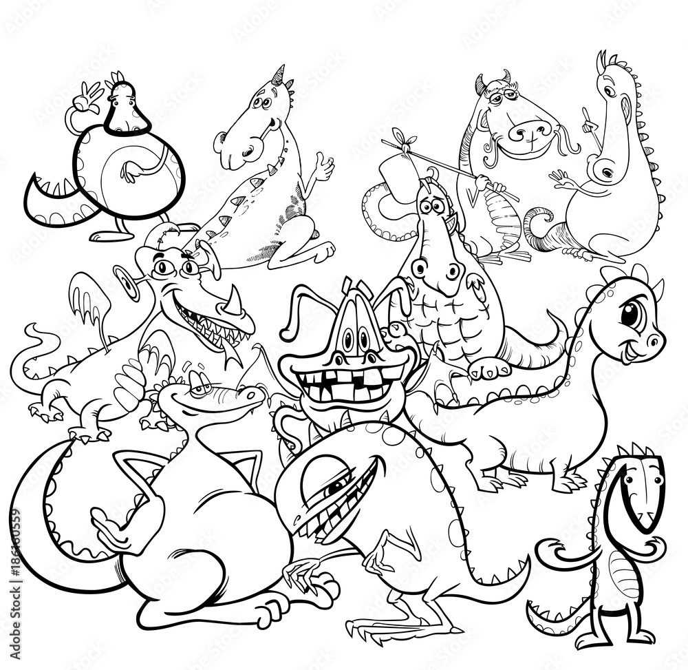 cartoon dragon characters group coloring book Stock Vector | Adobe Stock