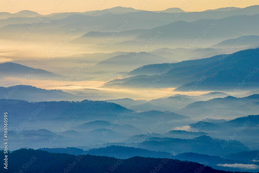Sunrise on the rolling hills at Clingman's Dome in Great Smoky Mountain National Park in North Carolina