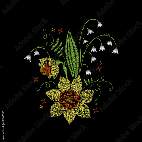 Fototapeta Naklejka Na Ścianę i Meble -  Embroidery bouquet with lily of the valley and narcissus