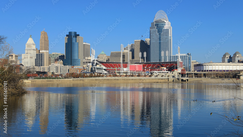 View of the Cincinnati city center with Ohio River in front View of the Cincinnati city center with Ohio River in front