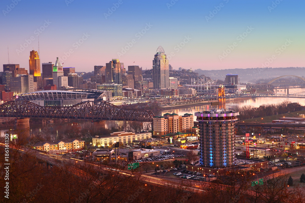 View of the Cincinnati city center at twilight