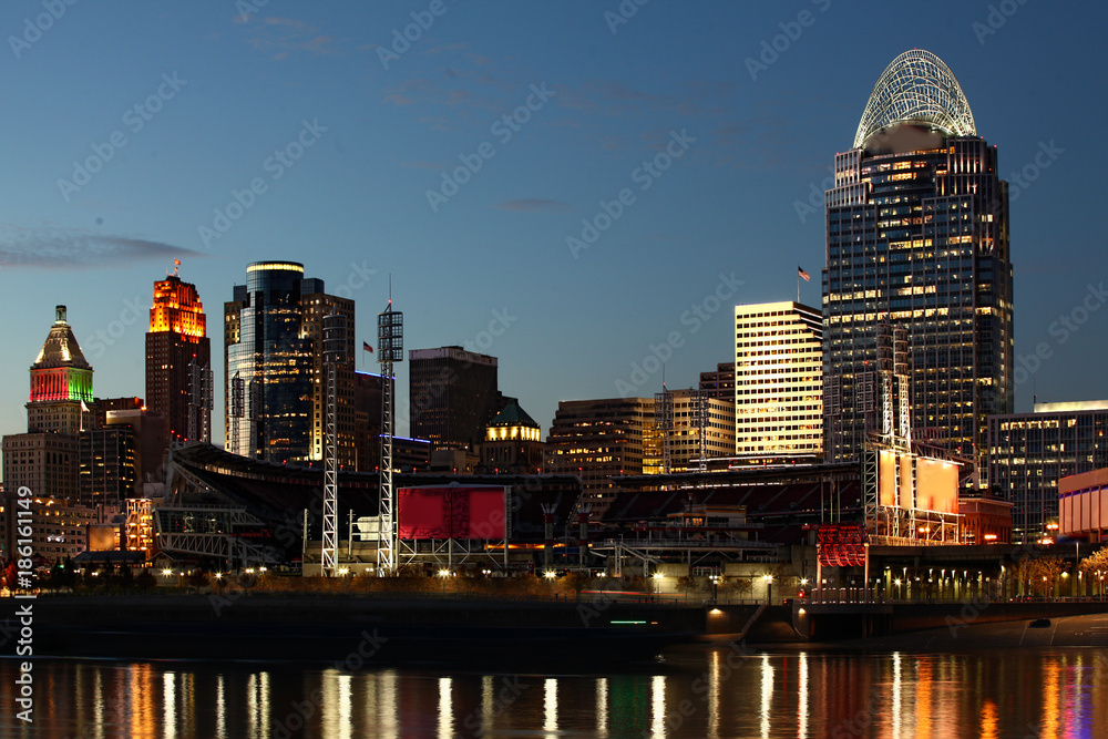 Cincinnati skyline at night with reflections