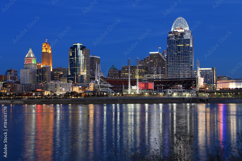 Cincinnati skyline after dark with reflections