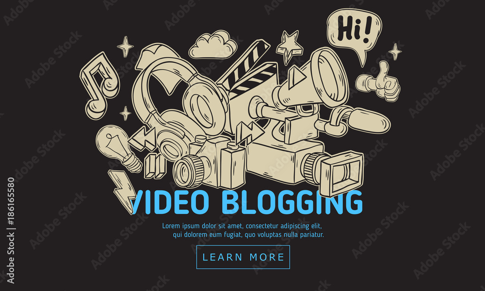 Video Blogging Web Cover Design With Isolated Essential Related Objects Elements And Tools Artistic Cartoon Hand Drawn Sketchy Line Art Style Drawings Illustrations Icons And Symbols