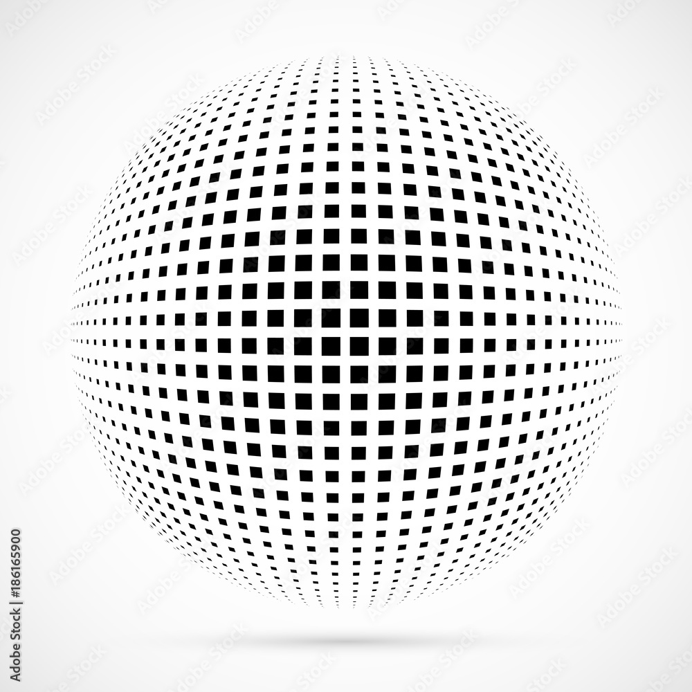 White 3D vector halftone sphere.Dotted spherical background.Logo template with shadow.Square dots isolated on the white background.