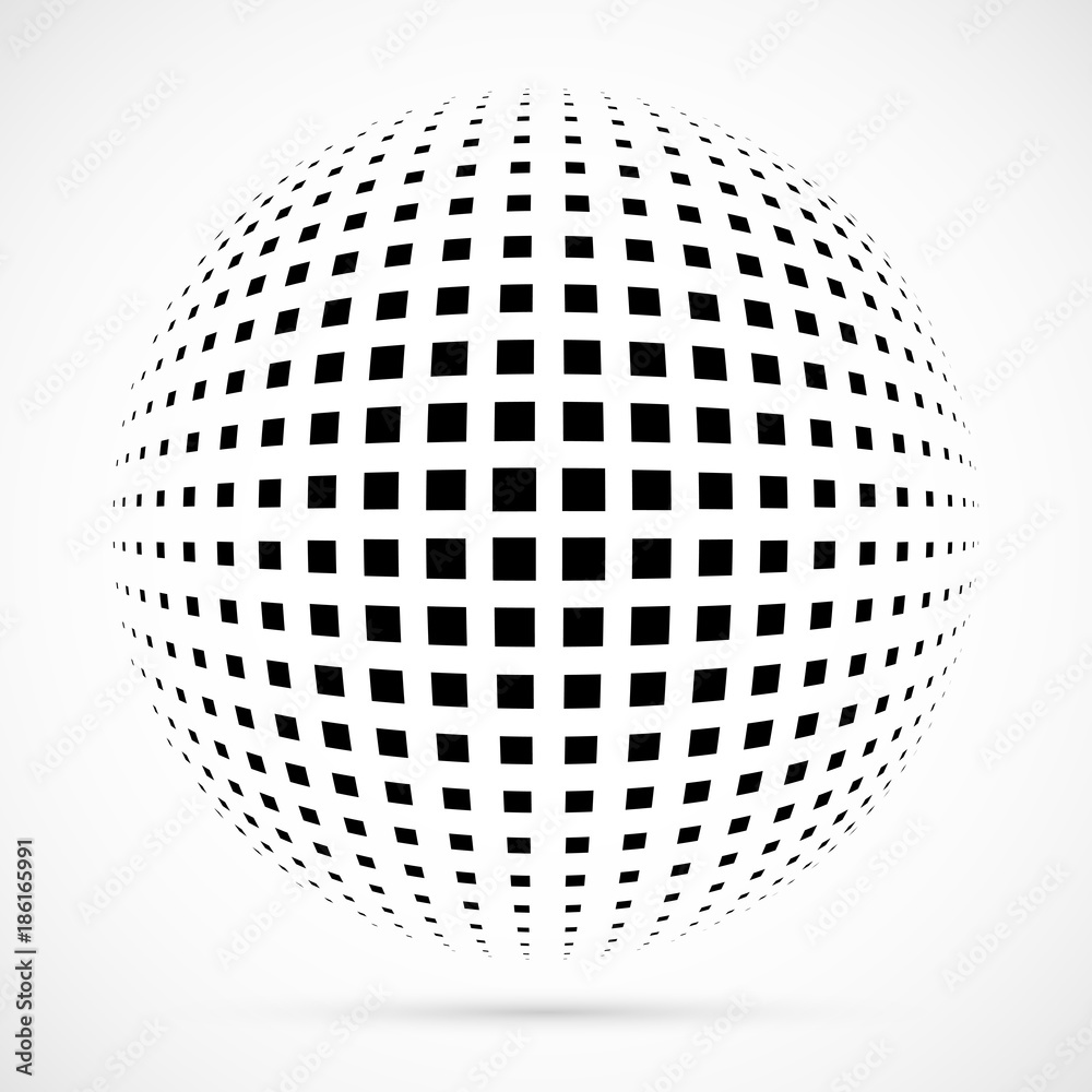 White 3D vector halftone sphere.Dotted spherical background.Logo template with shadow.Square dots isolated on the white background. White 3D vector halftone sphere.Dotted spherical background.Logo template with shadow.Square dots isolated on the white background.