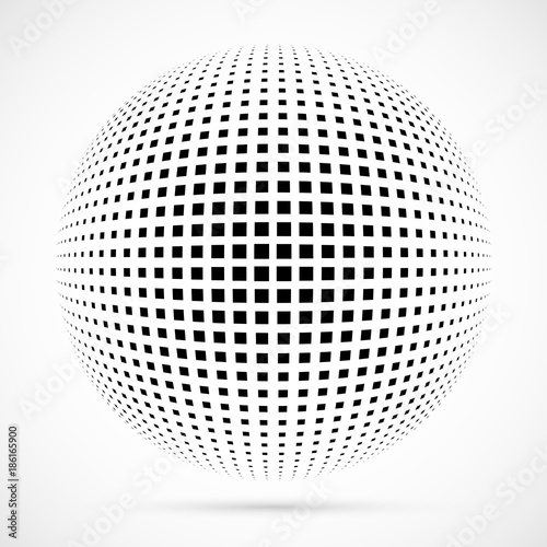 White 3D vector halftone sphere.Dotted spherical background.Logo template with shadow.Square dots isolated on the white background.