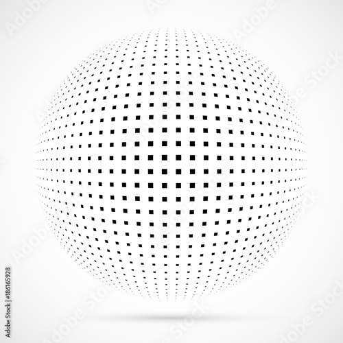 White 3D vector halftone sphere.Dotted spherical background.Logo template with shadow.Square dots isolated on the white background.