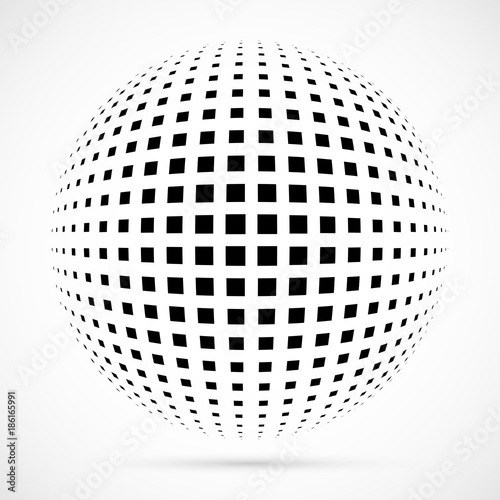 White 3D vector halftone sphere.Dotted spherical background.Logo template wit...