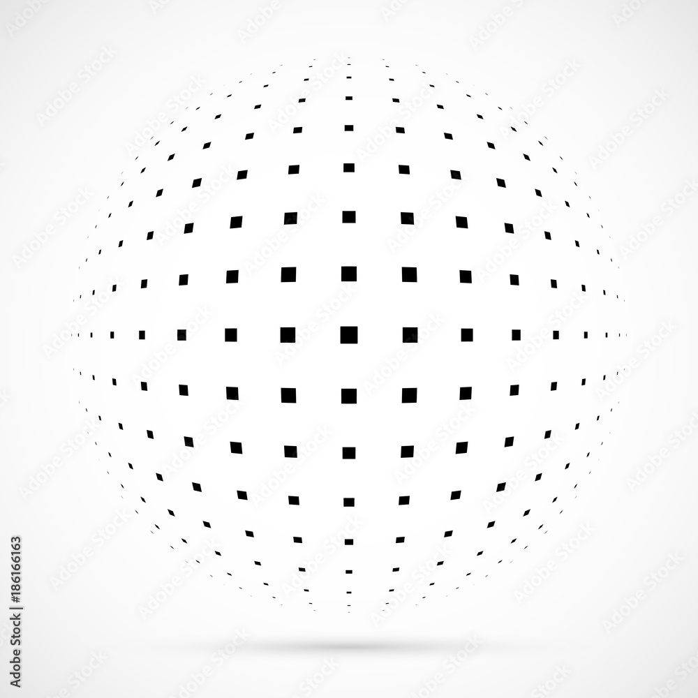 Fototapeta Biała 3D halftone wektorowa kula Opadowy bańczasty tło Loga szablon z cieniem Kwadrat kropki odizolowywać na białym tle.