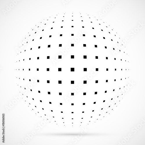 Fototapeta Biała 3D halftone wektorowa kula Opadowy bańczasty tło Loga szablon z cieniem Kwadrat kropki odizolowywać na białym tle.