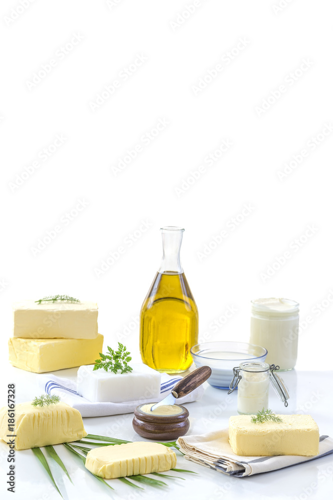 food Fats: set of dairy product and oil on white background