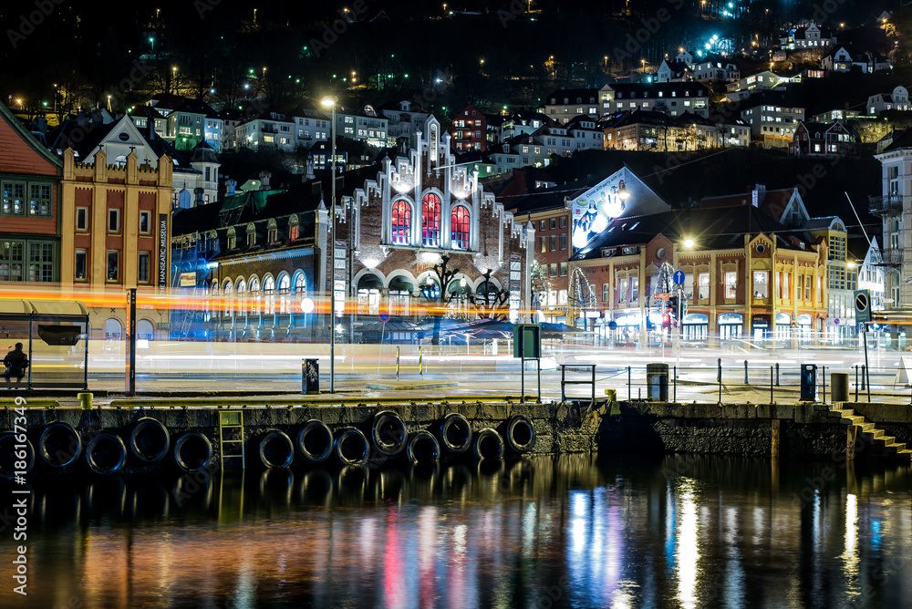 Fototapeta premium Bergen city centre at night, Norway