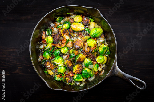 Full View of Cast Iron Skillet with Brussels Sprouts